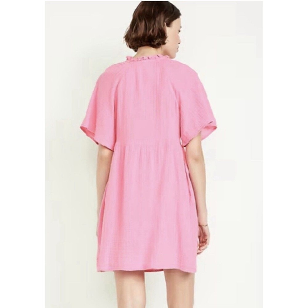 Old Navy Crinkle Gauze Swing Dress Womens XL Pink Split Neck Mini - Picture 2 of 10